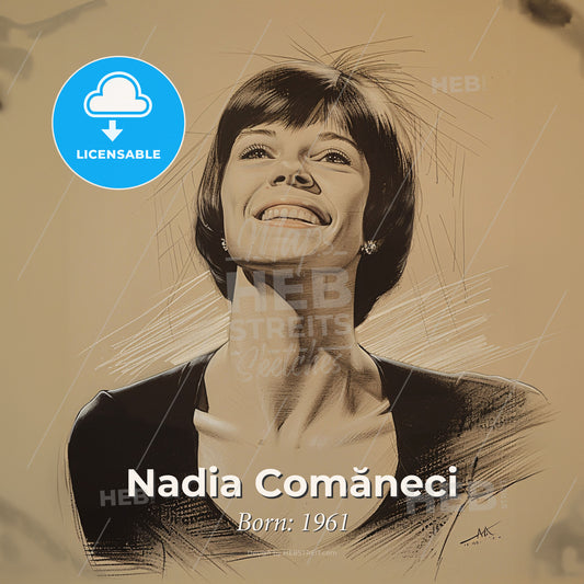 Nadia Comăneci, Born: 1961, Romanian gymnast - A Woman Smiling With Her Chin Up Print Template