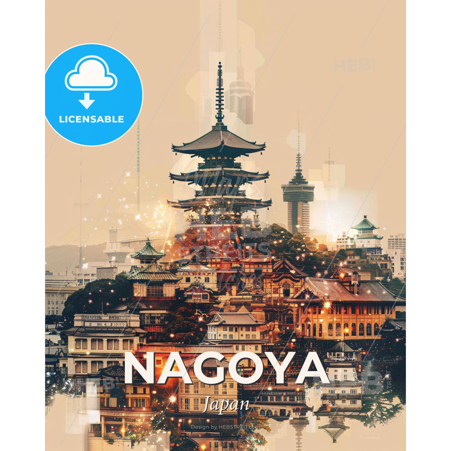 Nagoya Skyline Double Exposure Bright Poster Art - A city with a pagoda and buildings - Square format print template