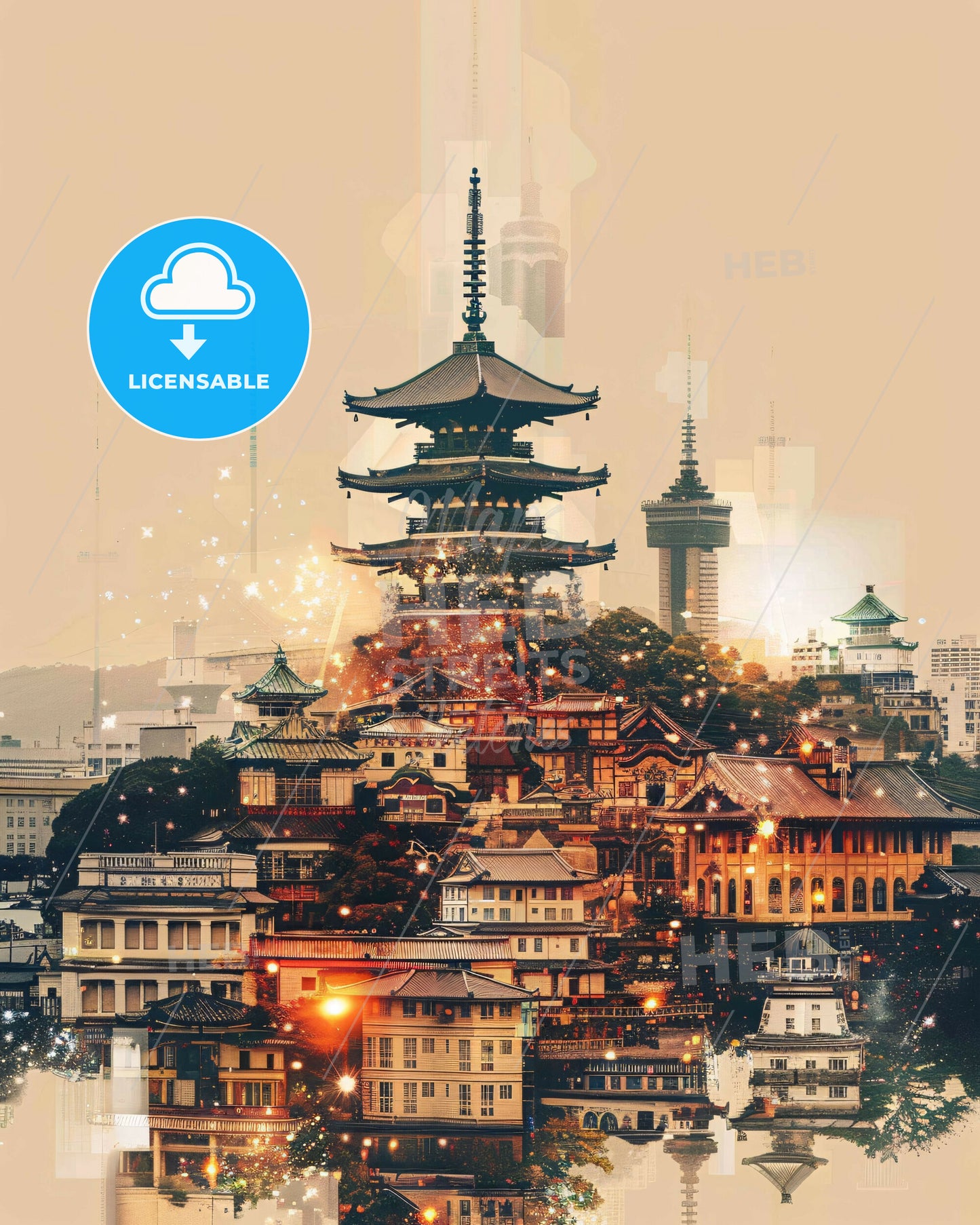 Nagoya Skyline Double Exposure Bright Poster Art - A city with a pagoda and buildings