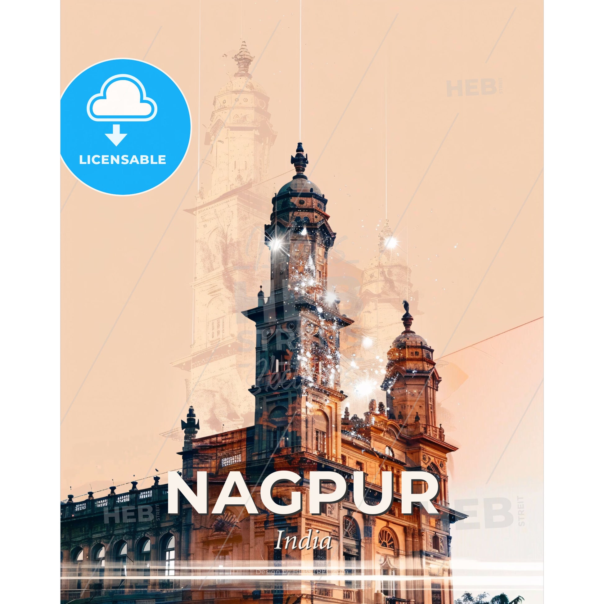 Nagpur Skyline Double Exposure Cityscape Art - A building with towers and a tower - Square format print template