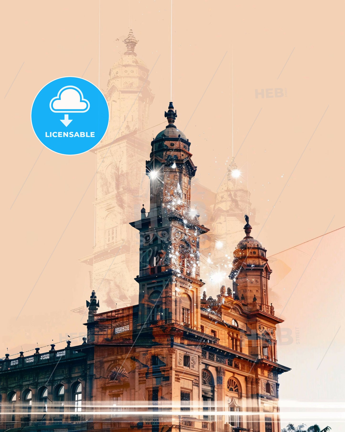 Nagpur Skyline Double Exposure Cityscape Art - A building with towers and a tower