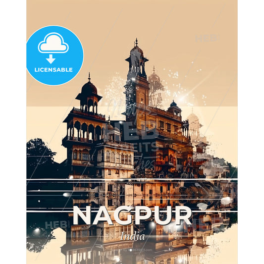 Nagpur: Vibrant Skyline Double Exposure Poster - A building with towers and a tower - Square format print template