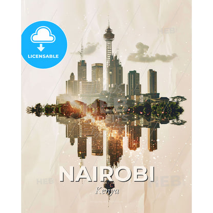 Nairobi: Bright Lights, City Icons Art Poster - A city with trees and buildings reflected in water - Square format print template