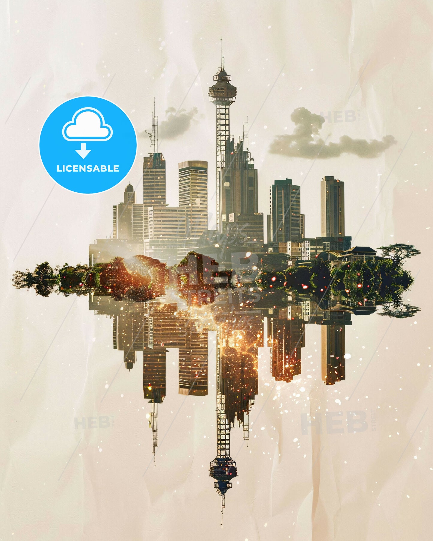 Nairobi: Bright Lights, City Icons Art Poster - A city with trees and buildings reflected in water