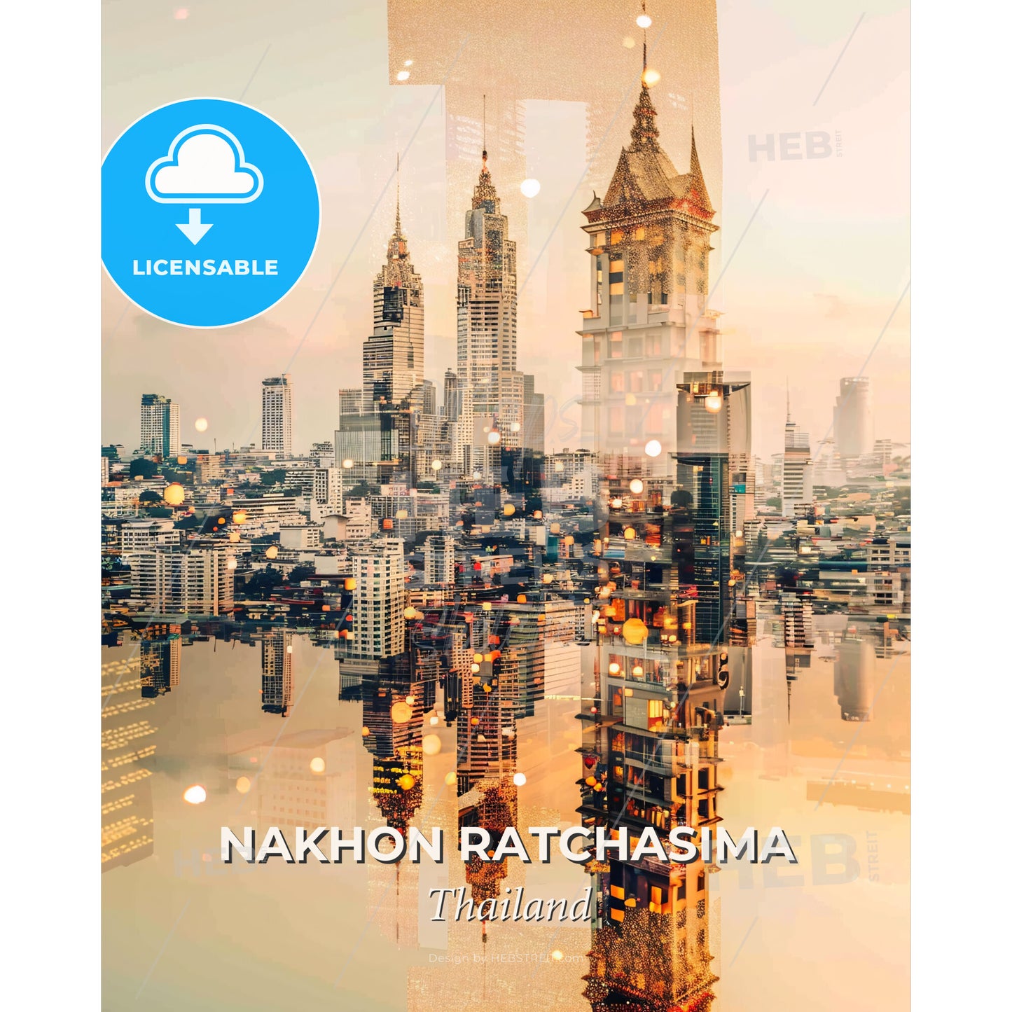 Nakhon Ratchasima Double Exposure Art City Skyline - A city skyline with many tall buildings - Square format print template