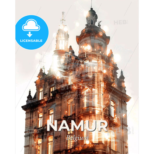 Namur, Belgium: Skyline Silhouette in Double Exposure - Kizhi with lights on top - Square format print template