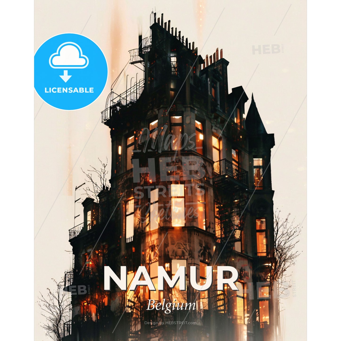 Namur's Double Exposure Cityscape Silhouette Poster - A building with many windows - Square format print template