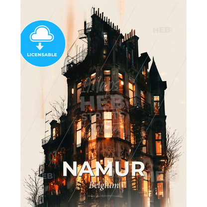 Namur's Double Exposure Cityscape Silhouette Poster - A building with many windows - Square format print template