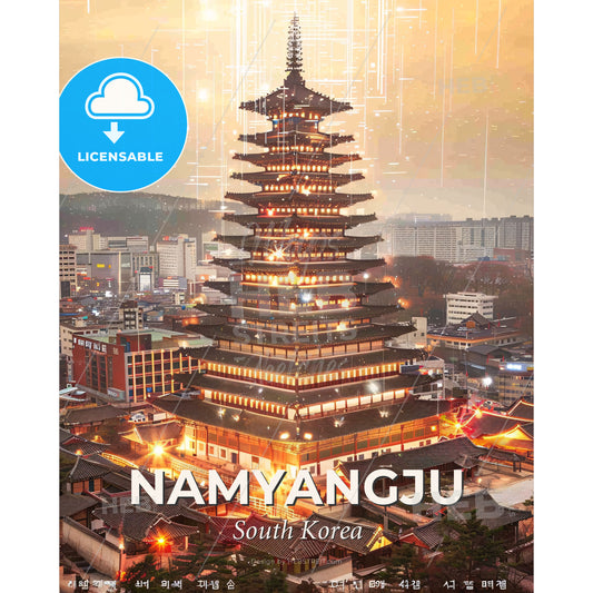 Namyangju Skyline Beige Poster Double Exposure - A tall building with many lights - Square format print template