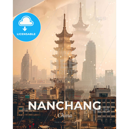 Nanchang Skyline Composite Art Poster Beige Sparkles - A tall building in a city - Square format print template