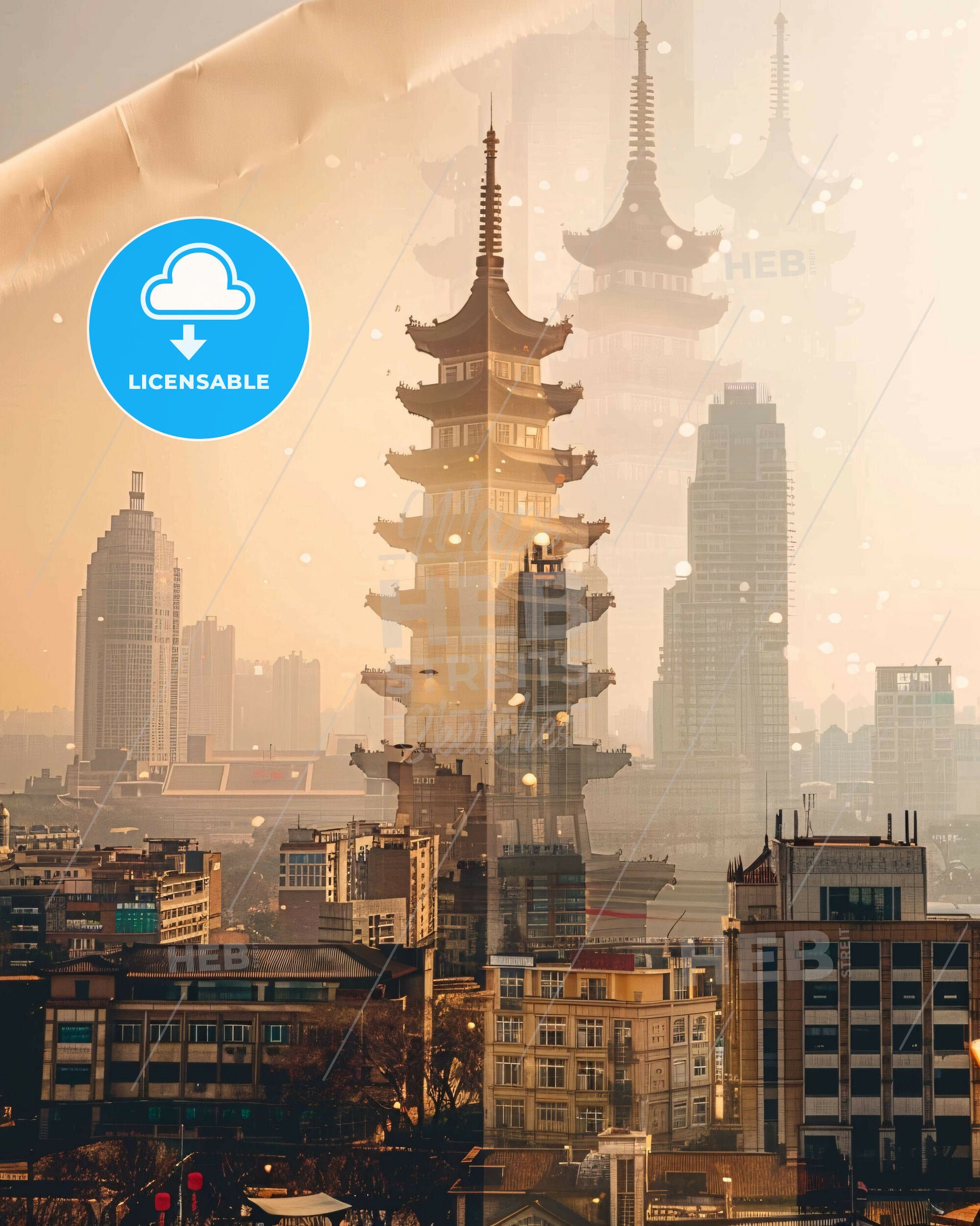 Nanchang Skyline Composite Art Poster Beige Sparkles - A tall building in a city