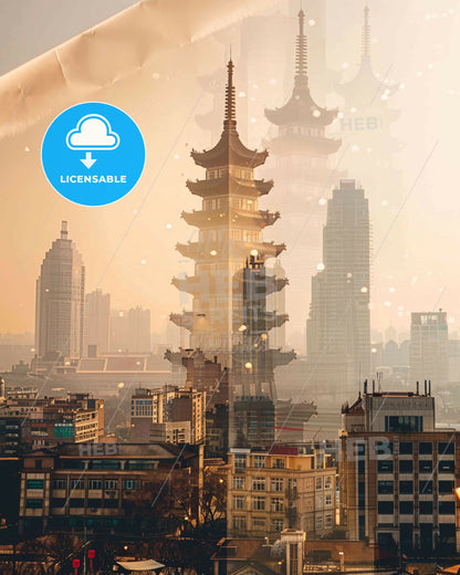 Nanchang Skyline Composite Art Poster Beige Sparkles - A tall building in a city