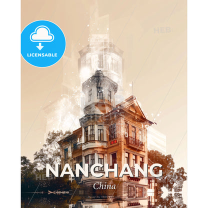 Nanchang Lightscape - Architectural Skyline - A building with trees and a tower - Square format print template