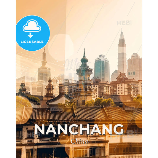 Nanchang Double Exposure Skyline Art Poster - A city skyline with many buildings - Square format print template