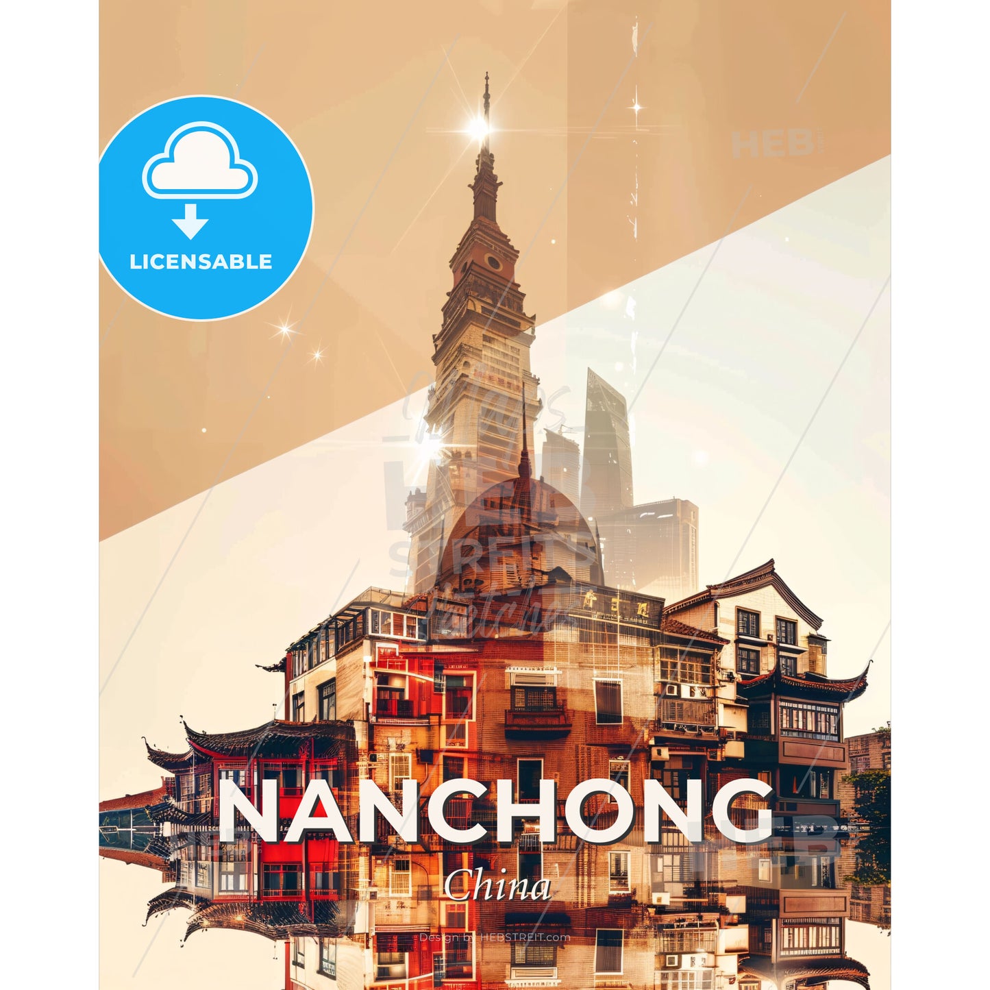 Nanchong: City Skyline Poster Art with Sparkle - A building with a tower - Square format print template