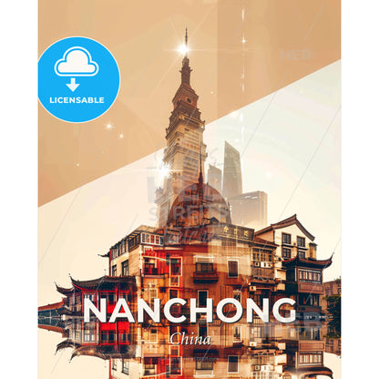 Nanchong: City Skyline Poster Art with Sparkle - A building with a tower - Square format print template