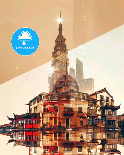 Nanchong: City Skyline Poster Art with Sparkle - A building with a tower