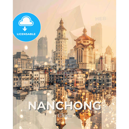 Nanchong Skyline Double Exposure Art Poster - A city with many buildings and a body of water - Square format print template
