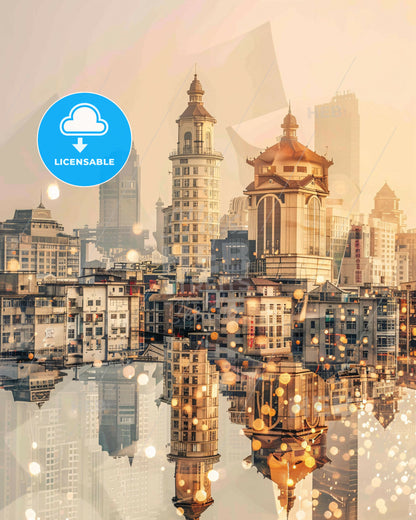 Nanchong Skyline Double Exposure Art Poster - A city with many buildings and a body of water