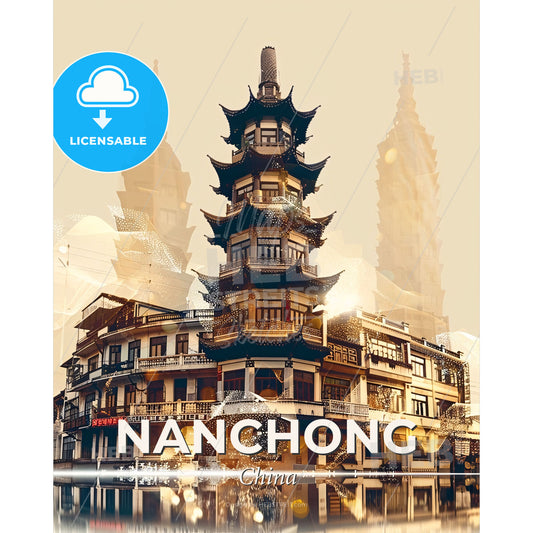 Nanchong China Cityscape Art Bright Beige - A building with a tall tower - Square format print template