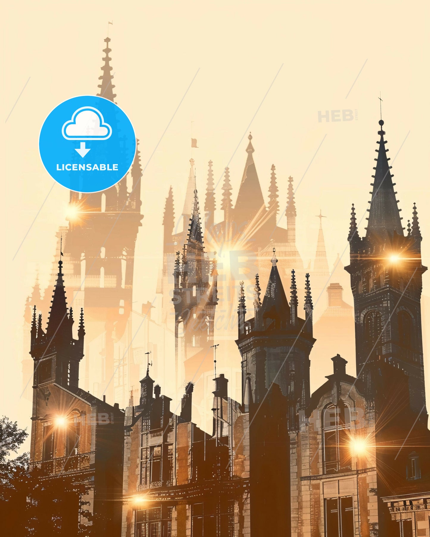 Nancy Skyline Noir - Salt Lake Temple with towers and a light in the background