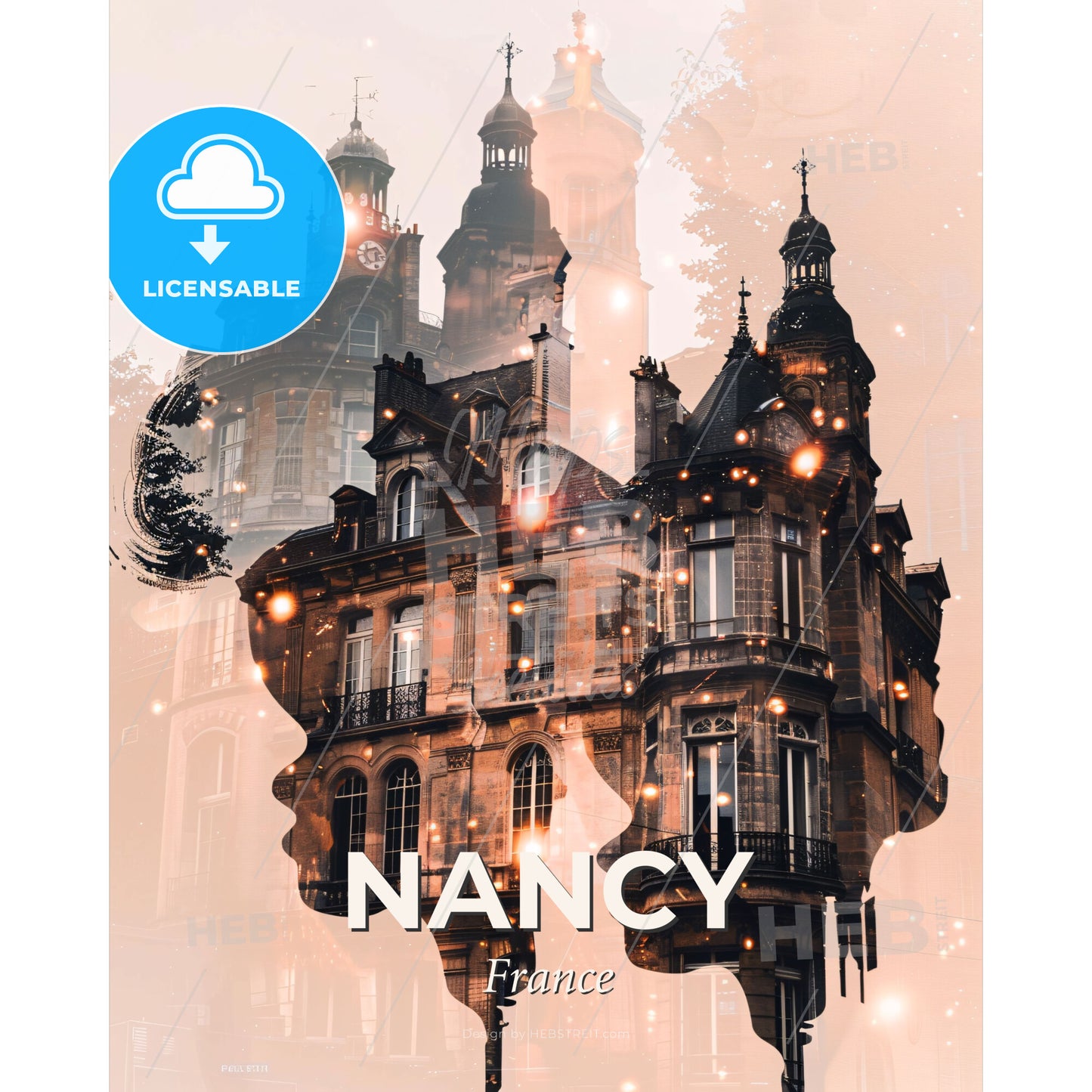 Nancy Skyline Composite Art Poster, Beige Background - A double exposure of a woman's face and a building - Square format print template