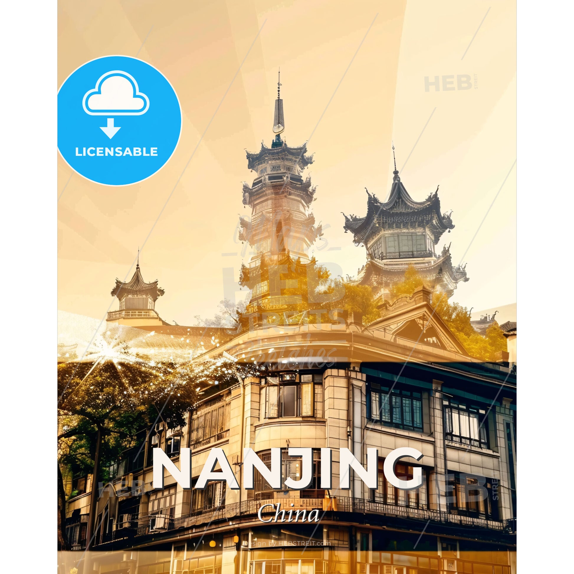 Nanjing Skyline Double Exposure Poster Art - A building with a tall tower - Square format print template