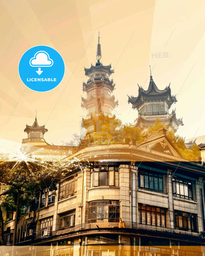 Nanjing Skyline Double Exposure Poster Art - A building with a tall tower