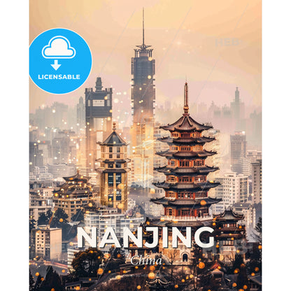 Nanjing Skyline Double Exposure Art Poster - A tall pagoda building in a city - Square format print template