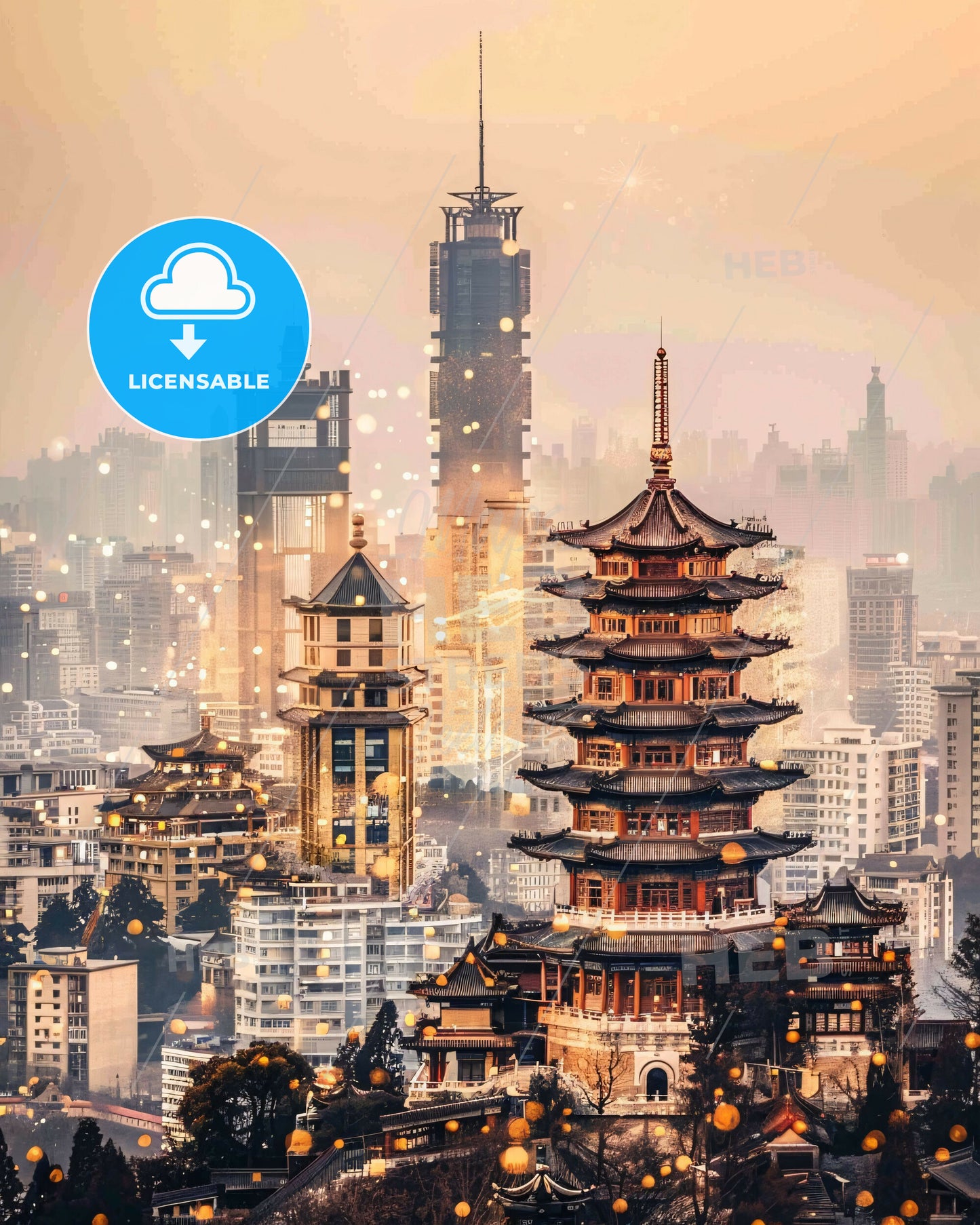 Nanjing Skyline Double Exposure Art Poster - A tall pagoda building in a city