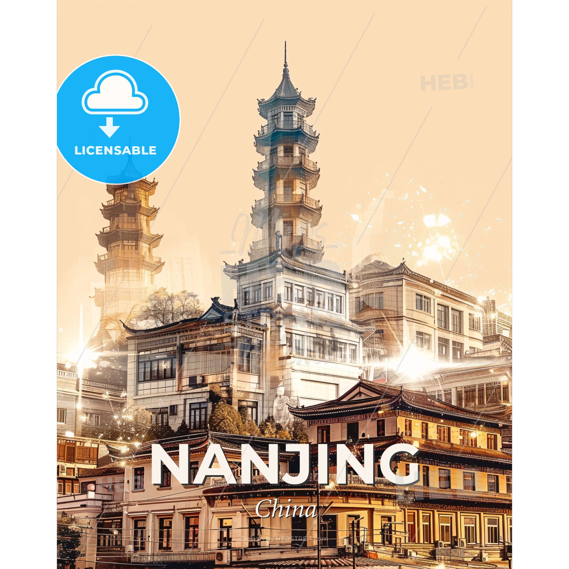 Nanjing Skyline City Lights Poster - A large building with a tall tower - Square format print template