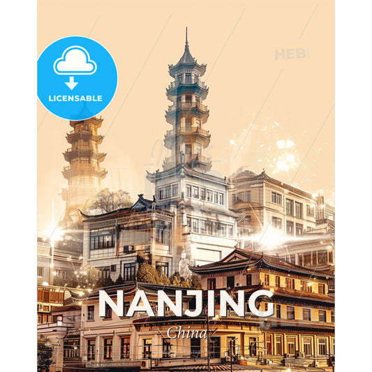 Nanjing Skyline City Lights Poster - A large building with a tall tower - Square format print template