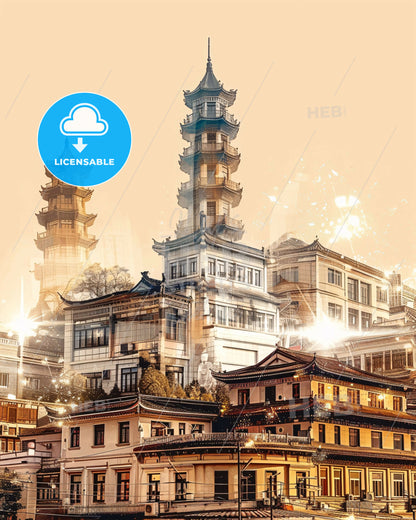 Nanjing Skyline City Lights Poster - A large building with a tall tower