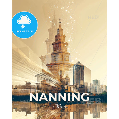 Nanning: Double Exposure Cityscape Skyline Art - A city skyline with a tall building and a river - Square format print template