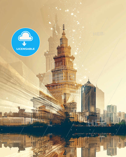 Nanning: Double Exposure Cityscape Skyline Art - A city skyline with a tall building and a river