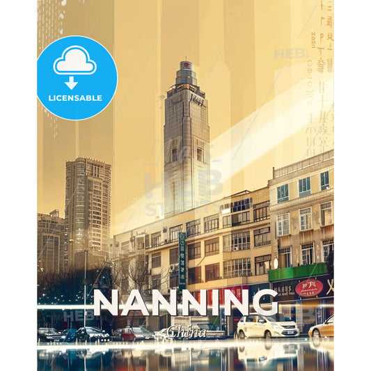 Nanning City Skyline Double Exposure Art Poster - A city street with cars and buildings - Square format print template