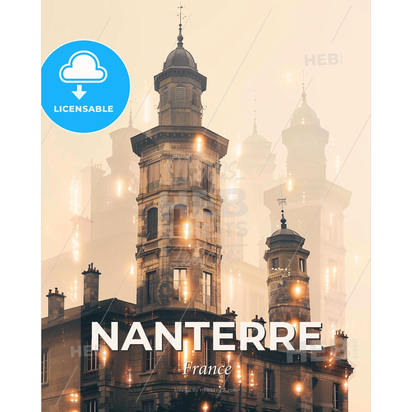 Nanterre Skyline Double Exposure Composite Art Poster - A building with towers and lights - Square format print template