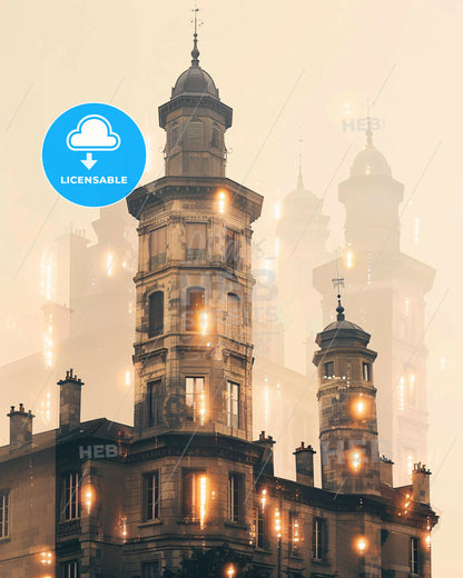 Nanterre Skyline Double Exposure Composite Art Poster - A building with towers and lights