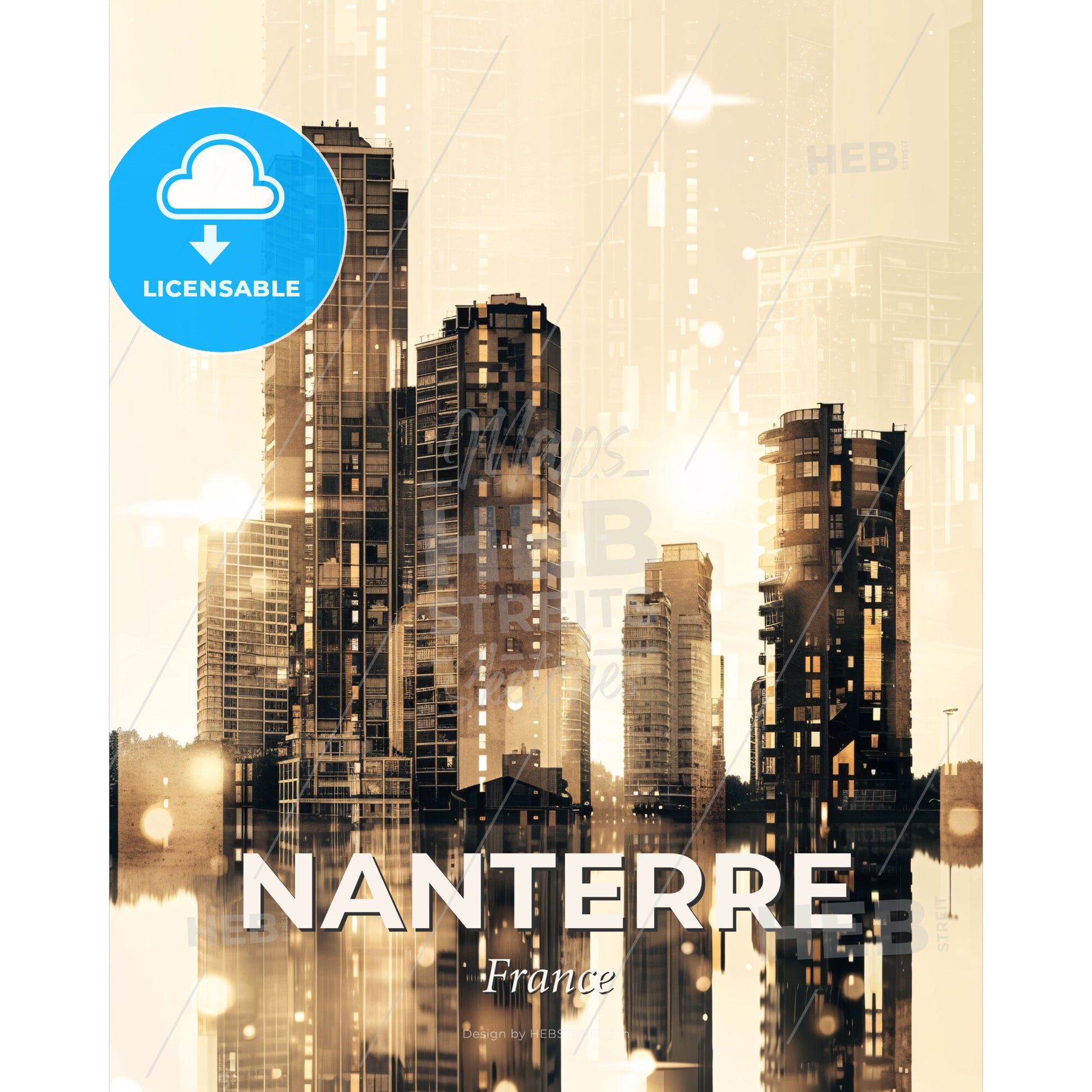 Nanterre Skyline Double Exposure Art Poster - A city skyline with water in the background - Square format print template