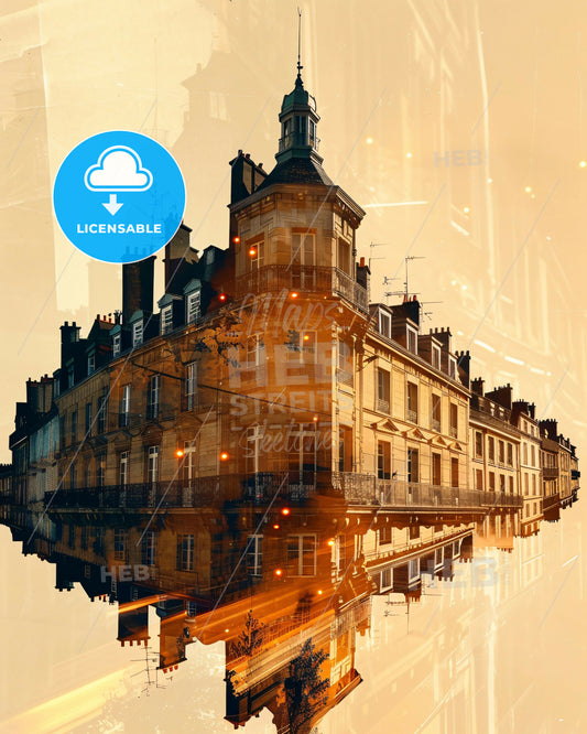 Nantes Skyline Glow Composite Poster Design - A building reflecting in water