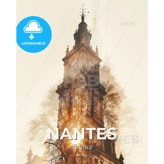 Nantes Skyline Art Poster Bright Beige Subtile Backlight - A clock tower with a sun shining through it - Square format print template