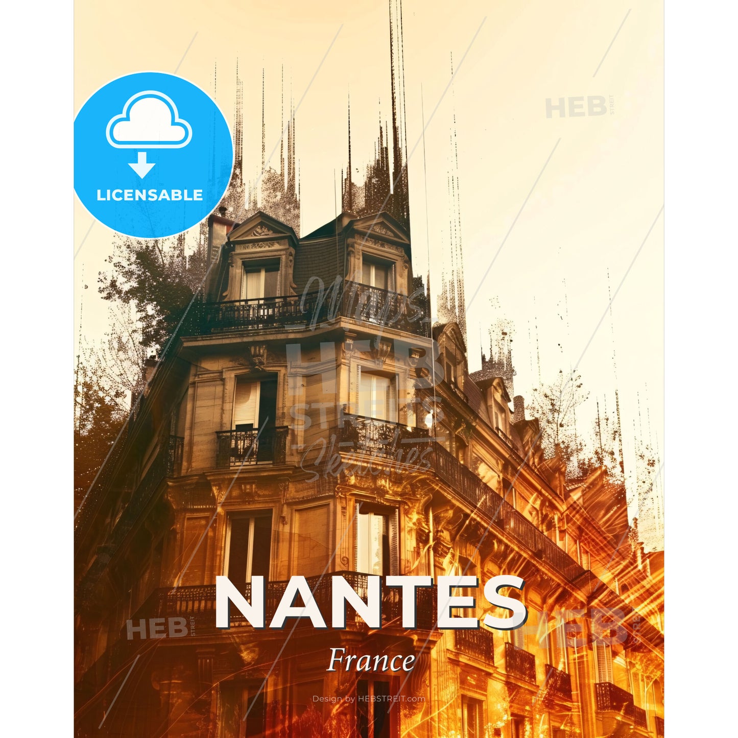 Nantes Skyline Silhouette Double Exposure Art Print - A building with trees and sun rays - Square format print template
