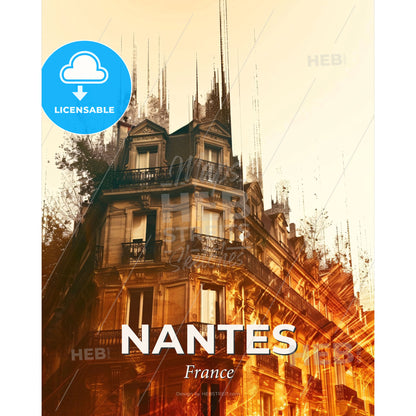 Nantes Skyline Silhouette Double Exposure Art Print - A building with trees and sun rays - Square format print template