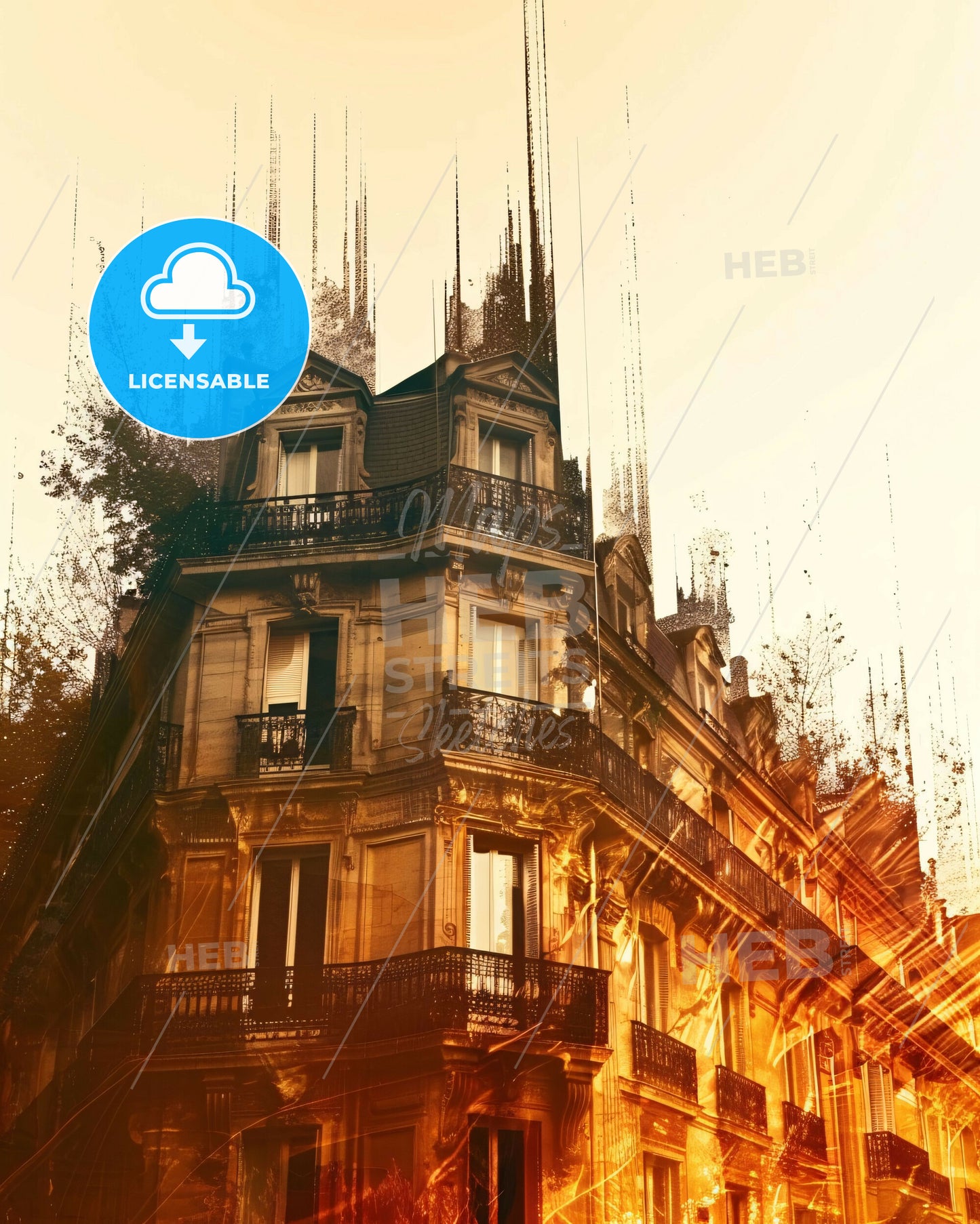 Nantes Skyline Silhouette Double Exposure Art Print - A building with trees and sun rays