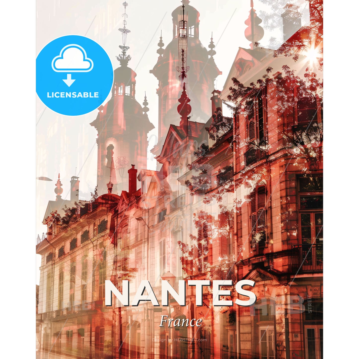 Nantes skyline poster composite artwork beige background - A double exposure of a building - Square format print template