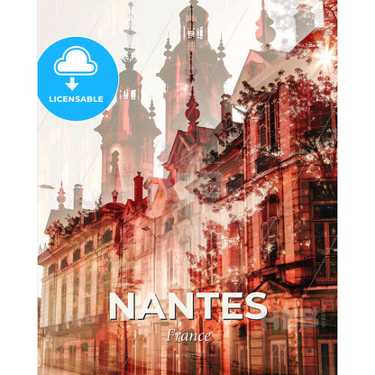 Nantes skyline poster composite artwork beige background - A double exposure of a building - Square format print template