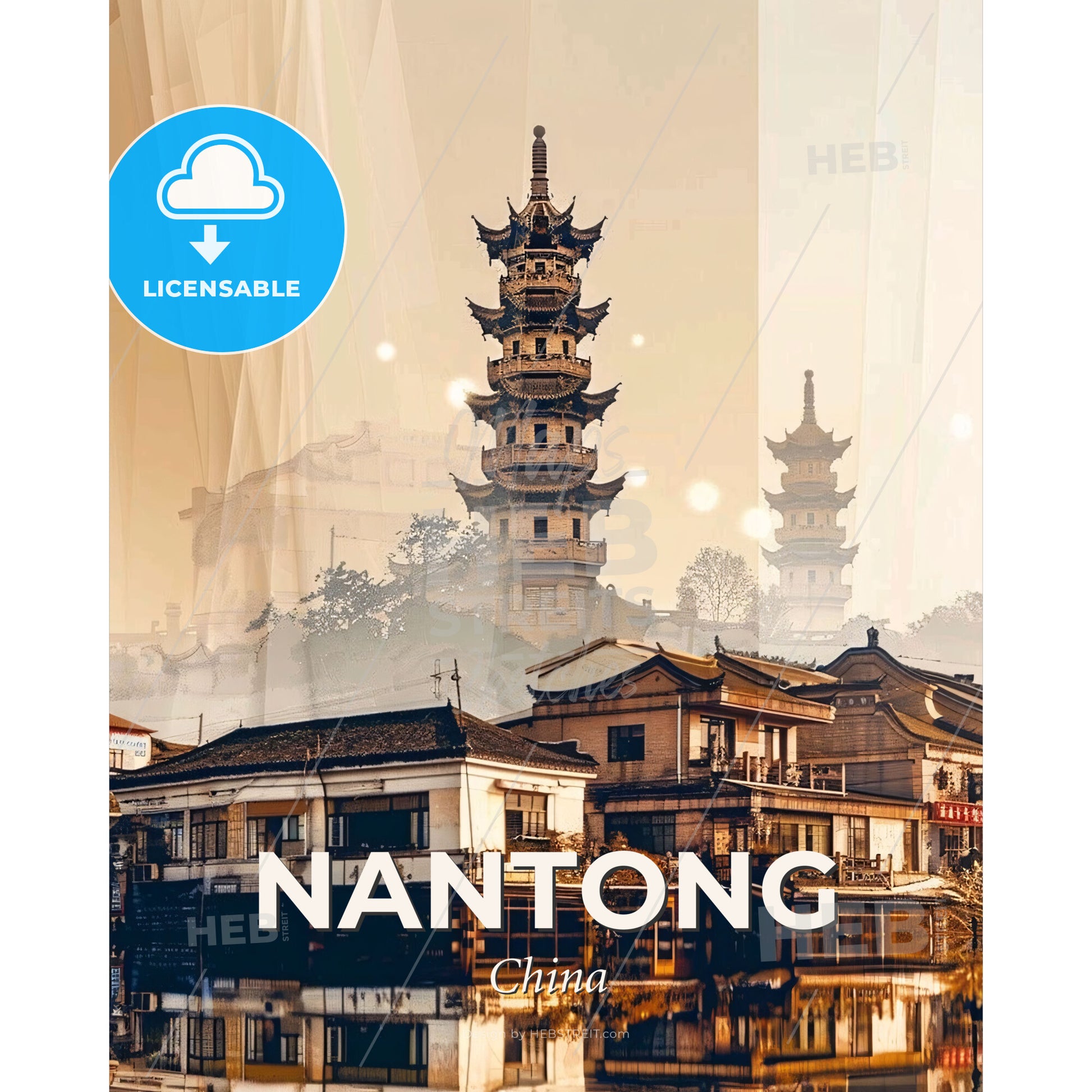 Nantong Cityscape Composite Art Poster - A city with a tall tower - Square format print template