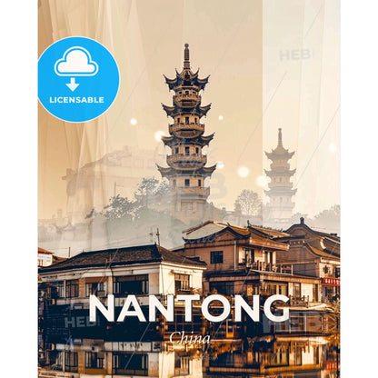 Nantong Cityscape Composite Art Poster - A city with a tall tower - Square format print template