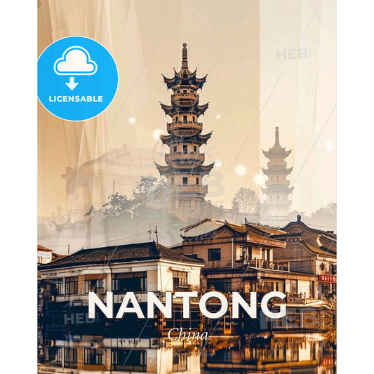 Nantong Cityscape Composite Art Poster - A city with a tall tower - Square format print template