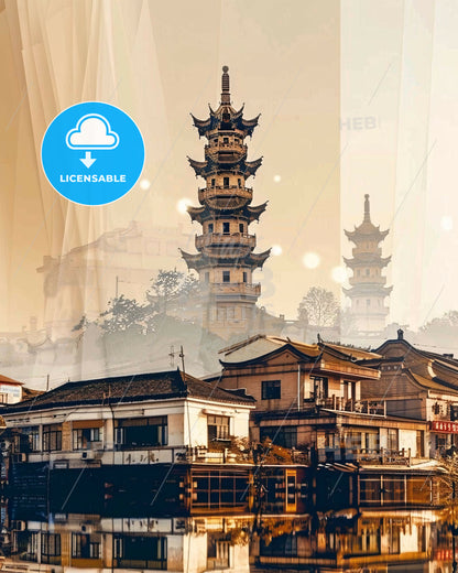 Nantong Cityscape Composite Art Poster - A city with a tall tower